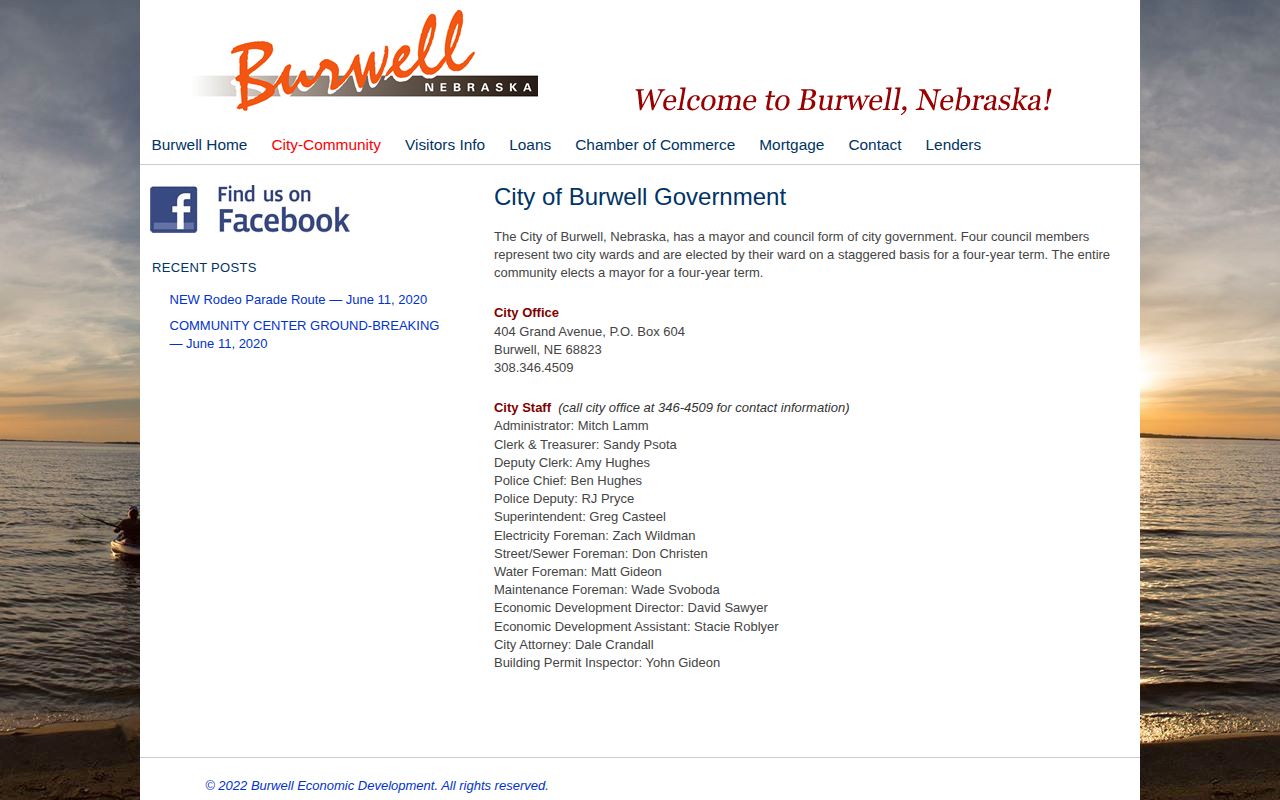 Screenshot of Burwell city government information listing city services and police leadership
