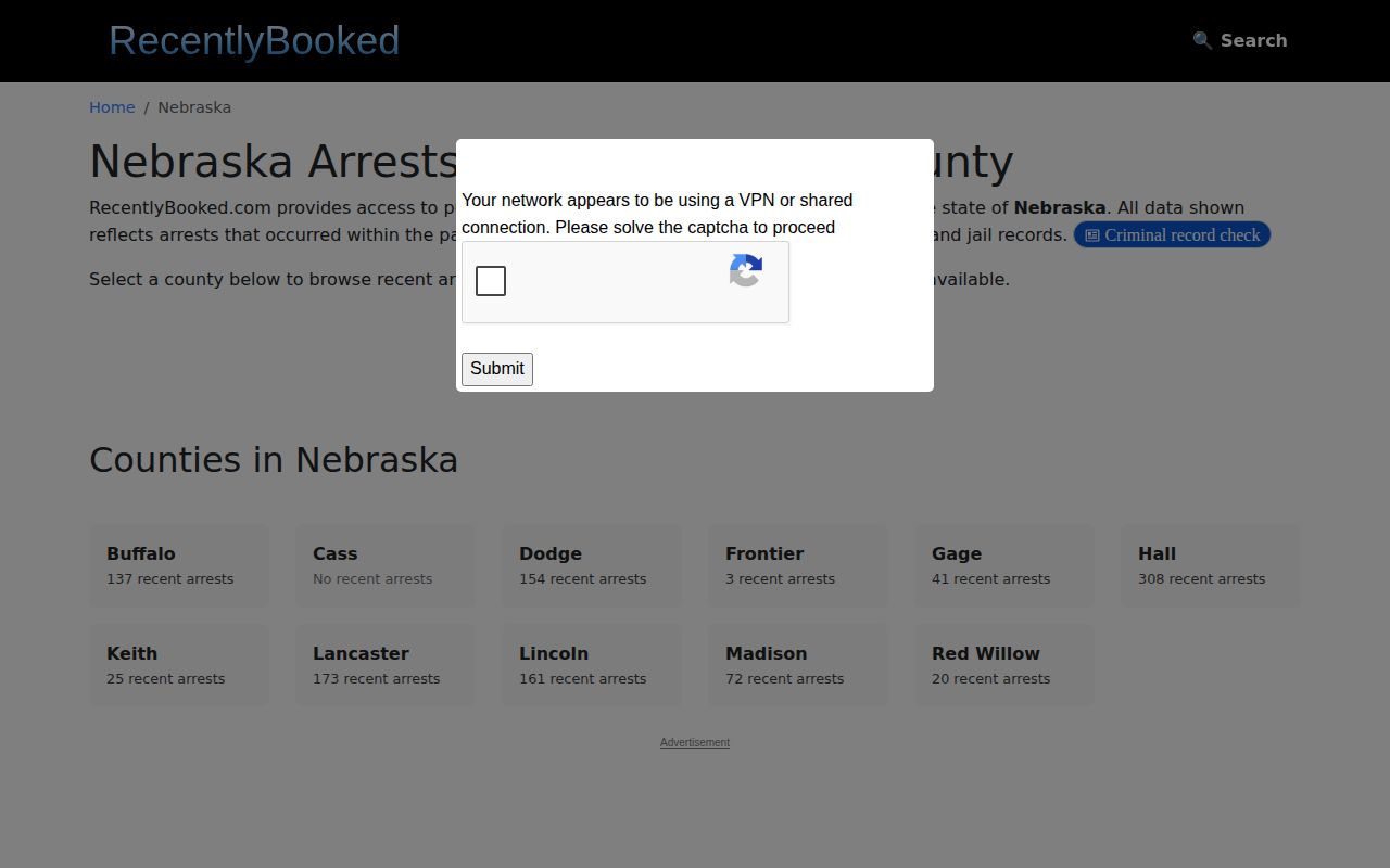 RecentlyBooked Nebraska navigation without a verified Garfield County selection