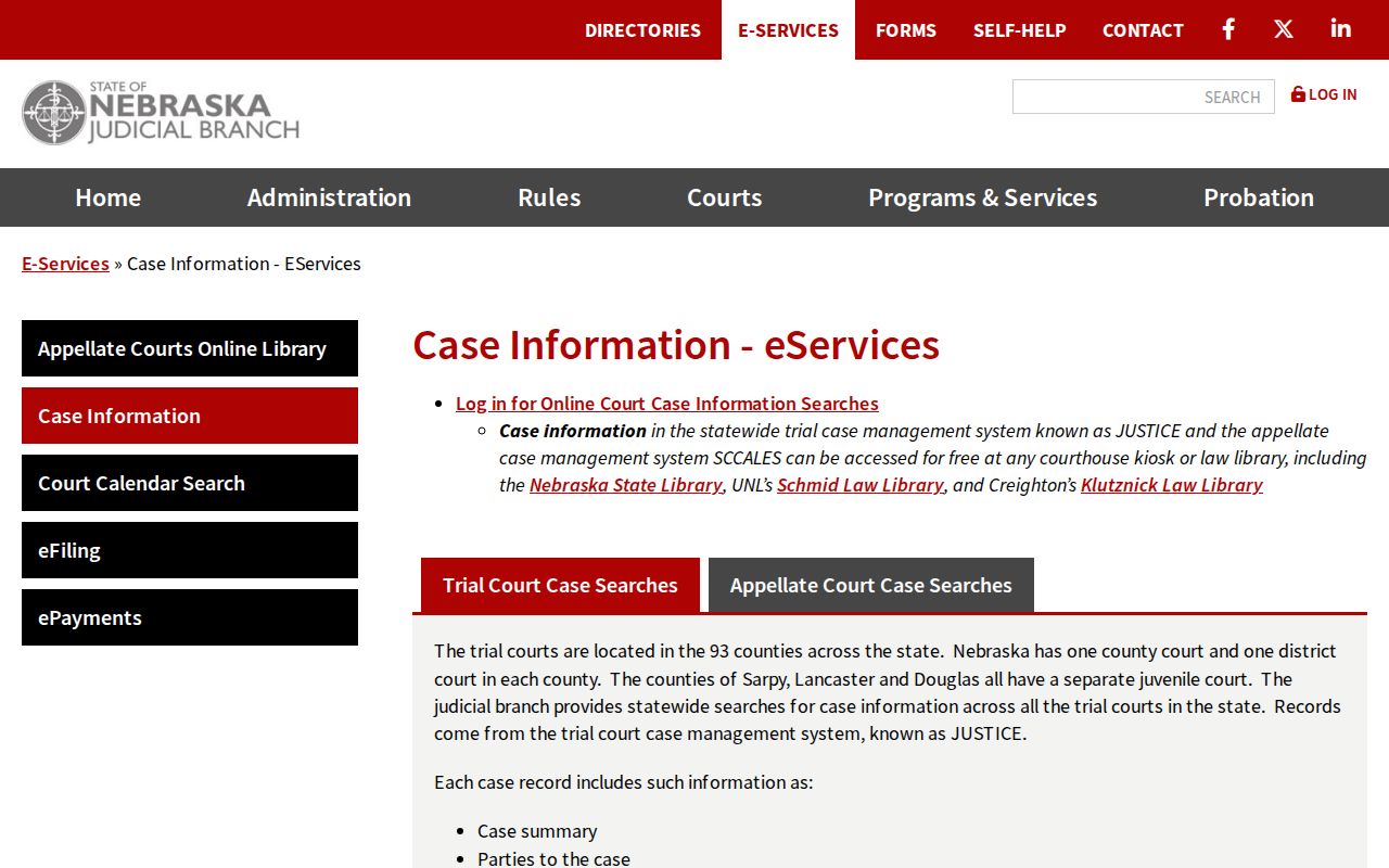 Garfield County court case record search screen from the Nebraska Judicial Branch